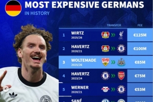 沃爾特馬德是德國(guó)歷史轉(zhuǎn)會(huì)費(fèi)超5千萬(wàn)歐的第5人，維爾茨1.25億最貴