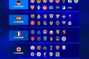 歐冠改制后五大聯(lián)賽參賽排行：德甲15隊(duì)居首，英超、意甲11隊(duì)最少