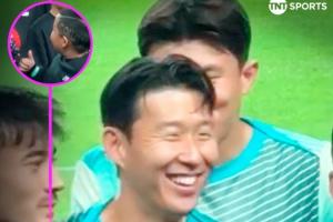 可愛??對(duì)陣巴拉圭合影環(huán)節(jié)，孫興慜與SONNY發(fā)型的小球迷打招呼